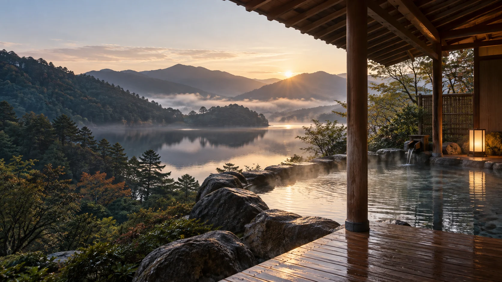 山々と湖を望む温泉旅館のイメージ
